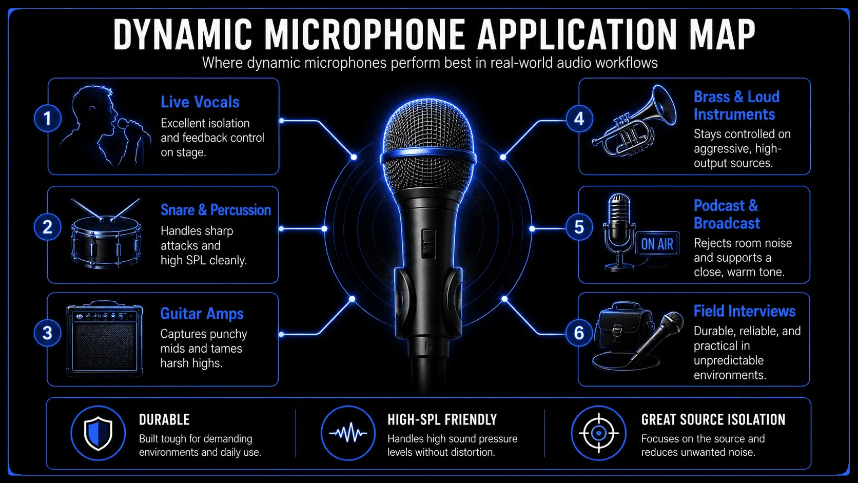 Infographic showing common dynamic microphone applications, including live vocals, snare and percussion, guitar amps, brass instruments, podcasting, broadcasting, and field interviews