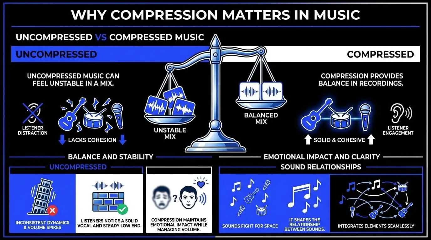 Infographic comparing uncompressed and compressed music, showing how compression improves balance, stability, clarity, and listener engagement.