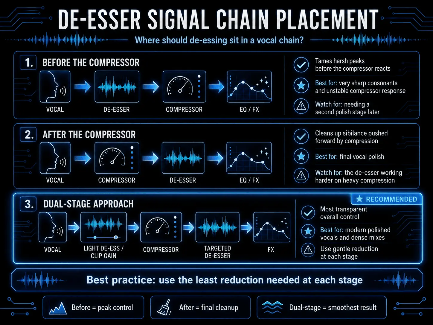 Infographic comparing de-esser placement before compression, after compression, and in a dual-stage vocal signal chain.