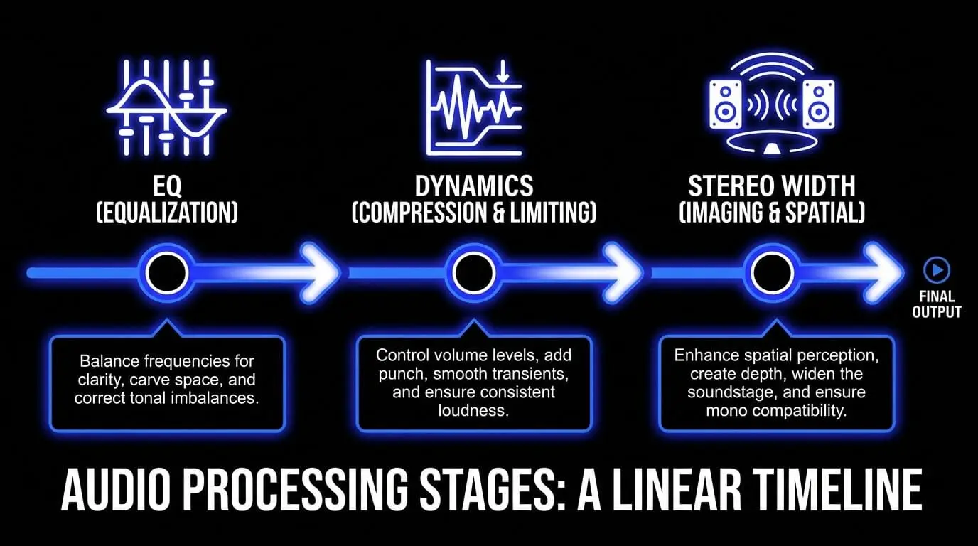 Infographic showing a linear audio processing timeline with EQ, dynamics, and stereo width stages leading to the final output.