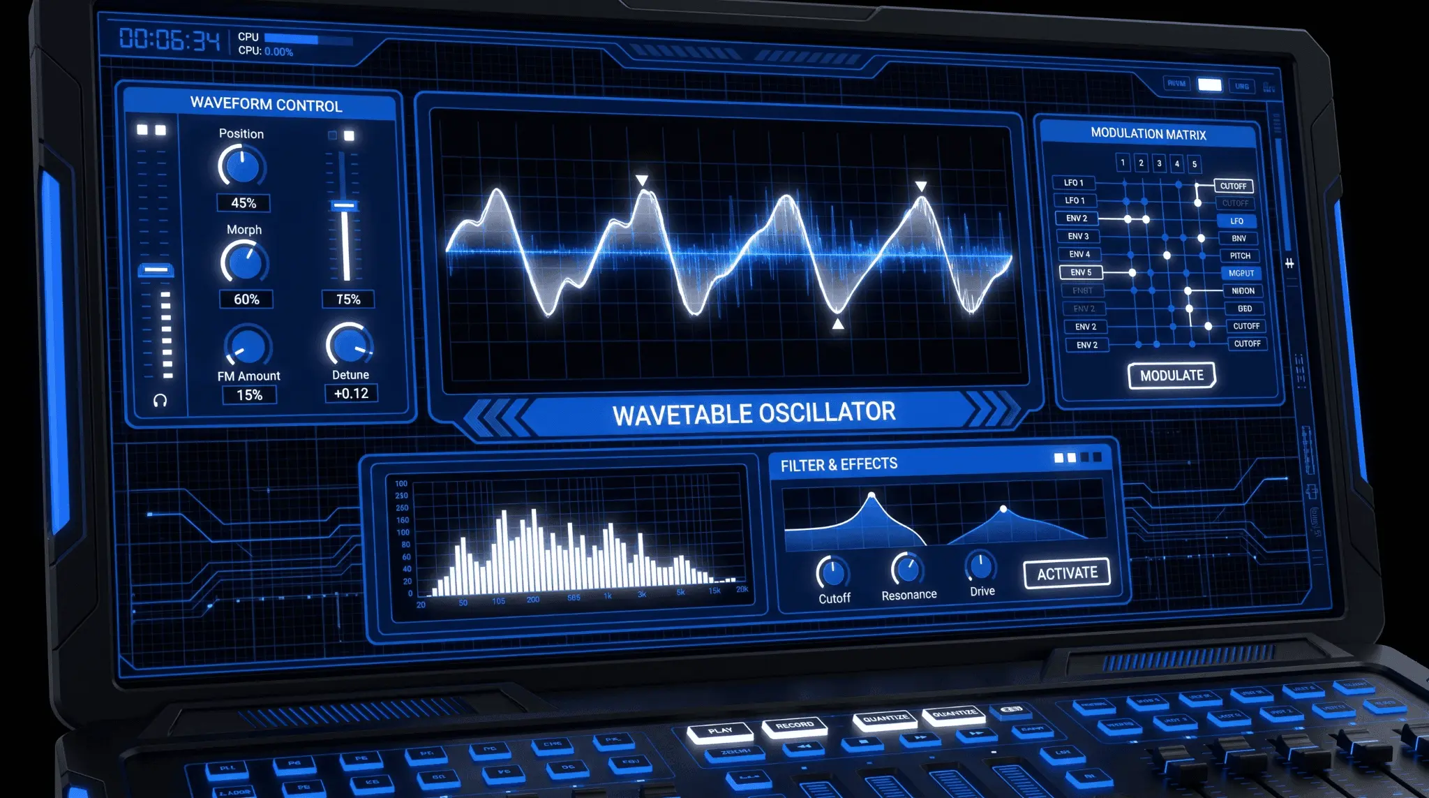 Futuristic wavetable synthesizer interface displaying waveform controls, modulation routing, spectral analysis, filters, and effects.