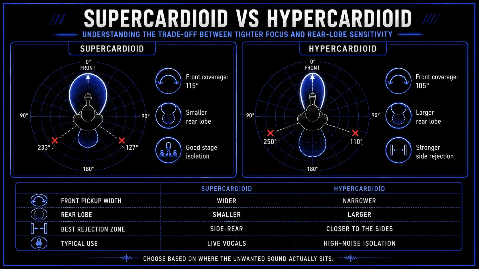 Infographic comparing supercardioid and hypercardioid microphone polar patterns, including front coverage, rear lobe size, null points, and best rejection zones.