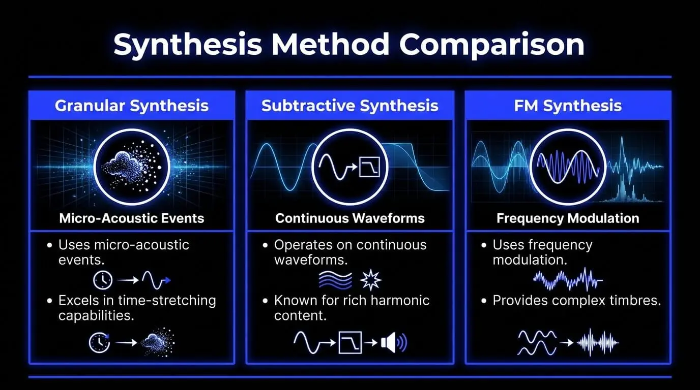 Infographic comparing granular synthesis, subtractive synthesis, and FM synthesis by source material, processing method, and sonic results.