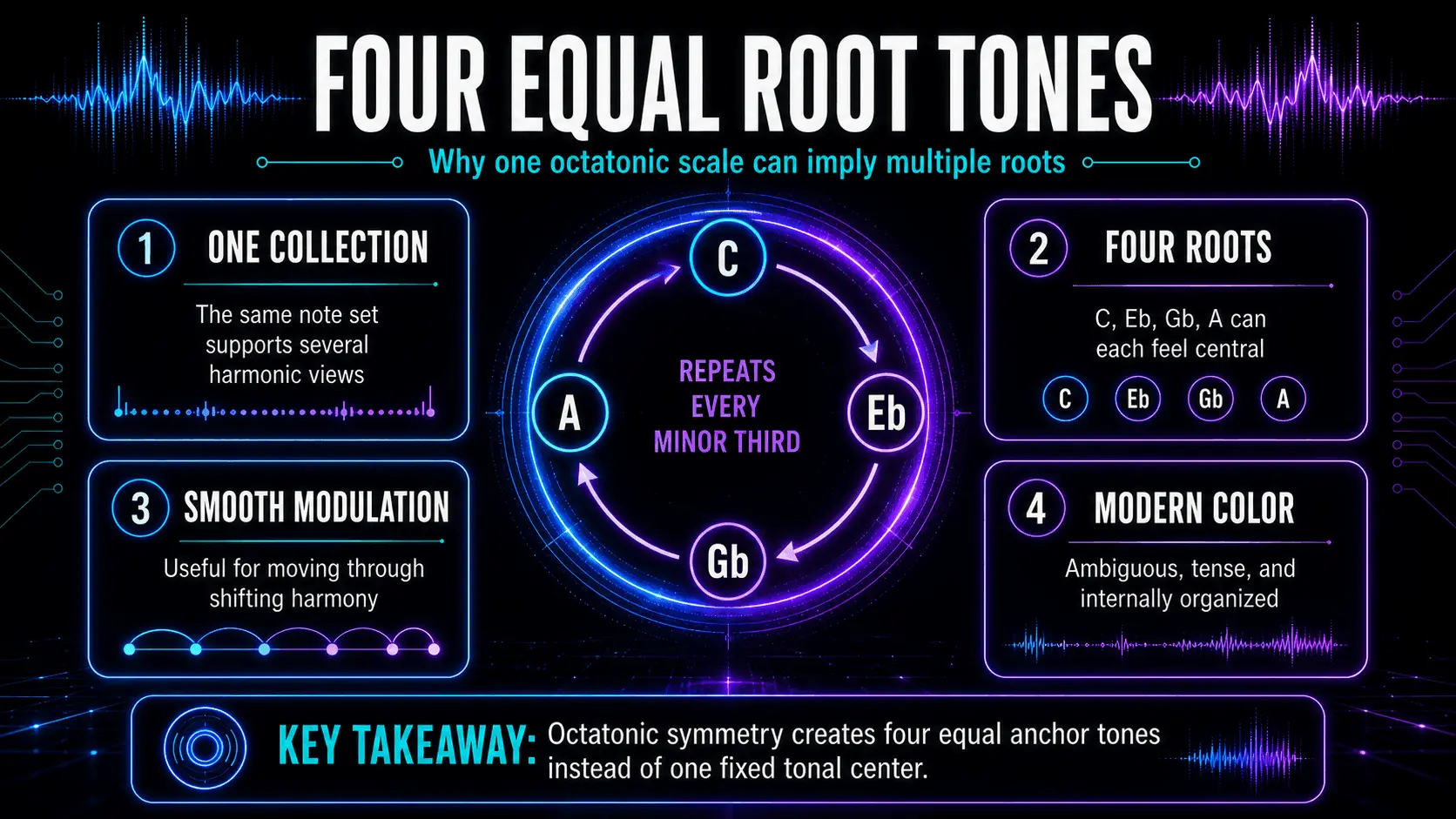 Diagram showing how C, Eb, Gb, and A can function as equal root tones within one octatonic collection.