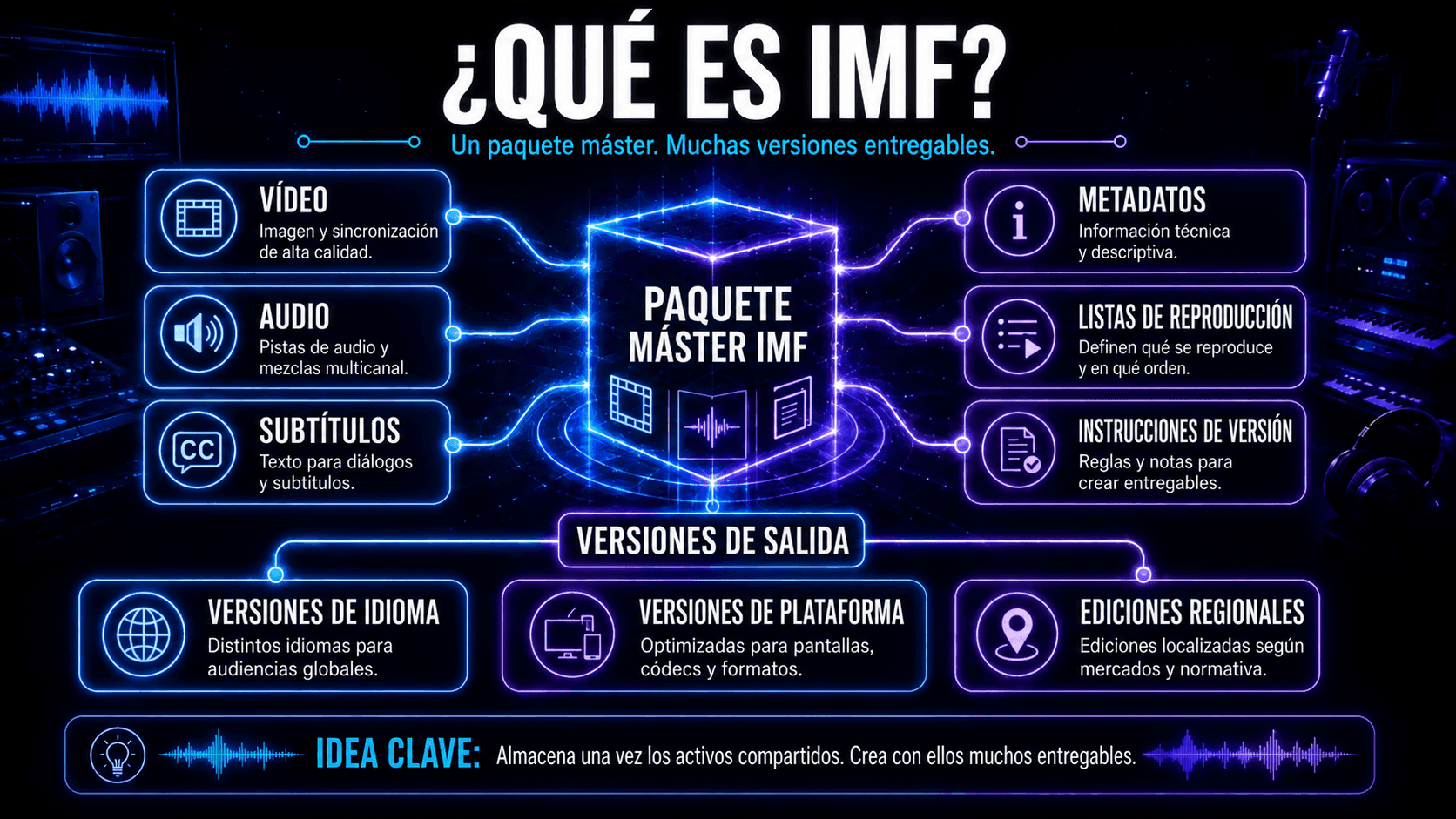 Paquete maestro IMF conteniendo video, audio, subtítulos, metadatos, listas de reproducción e instrucciones de versión
