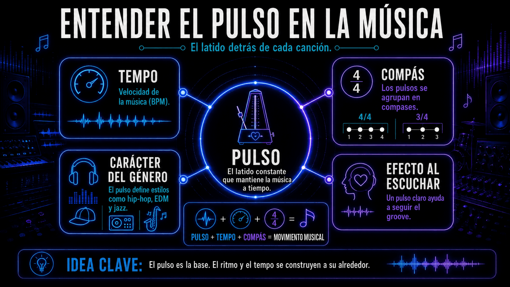 Infografía explicando los beats en la música con tempo, compás, hip-hop, EDM, ritmos de jazz, y ejemplos de disfrute musical.