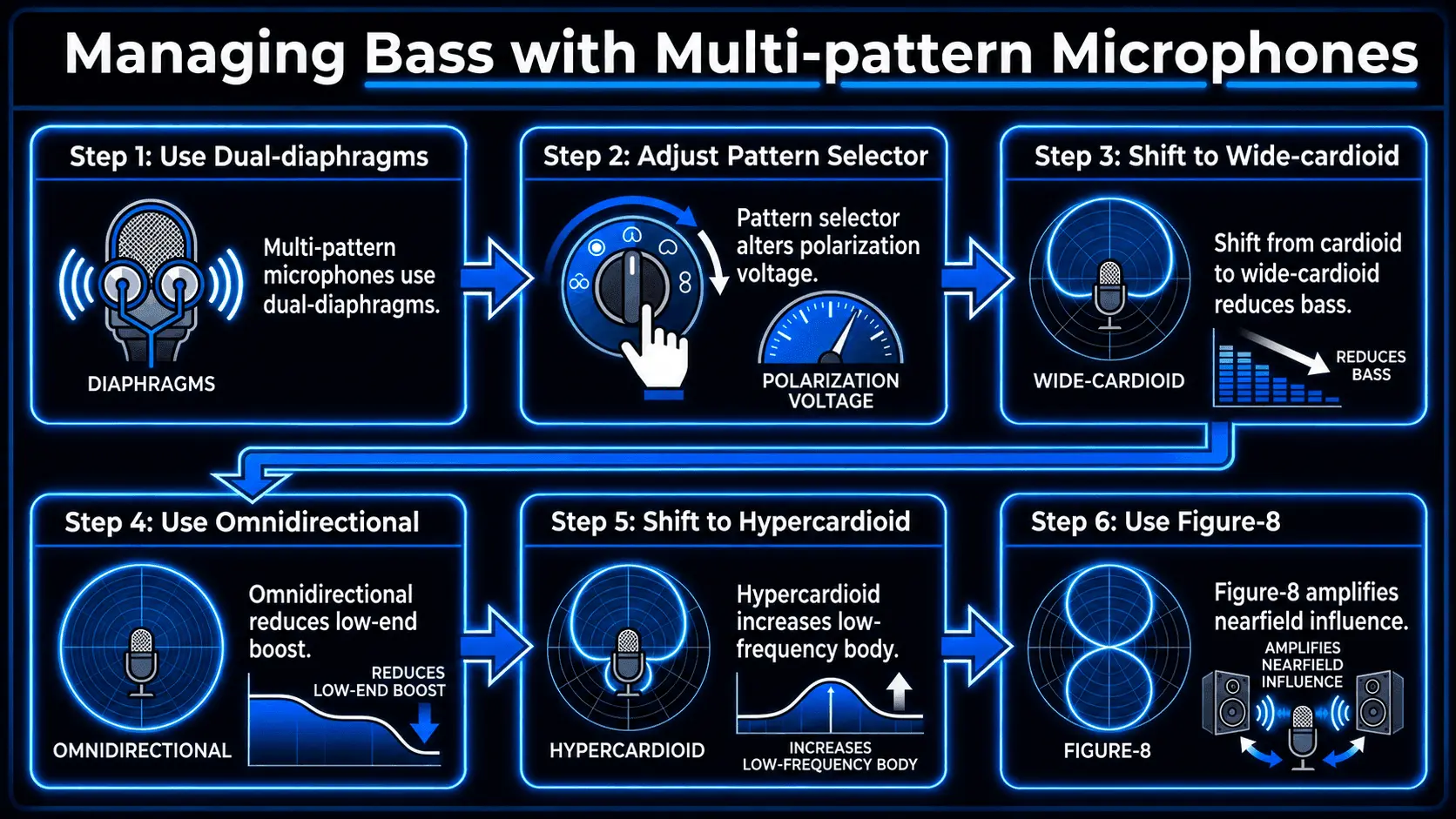 Infographic explaining how multi-pattern microphones manage bass response by switching from cardioid to wide-cardioid, omnidirectional, hypercardioid, or figure-8 polar patterns.