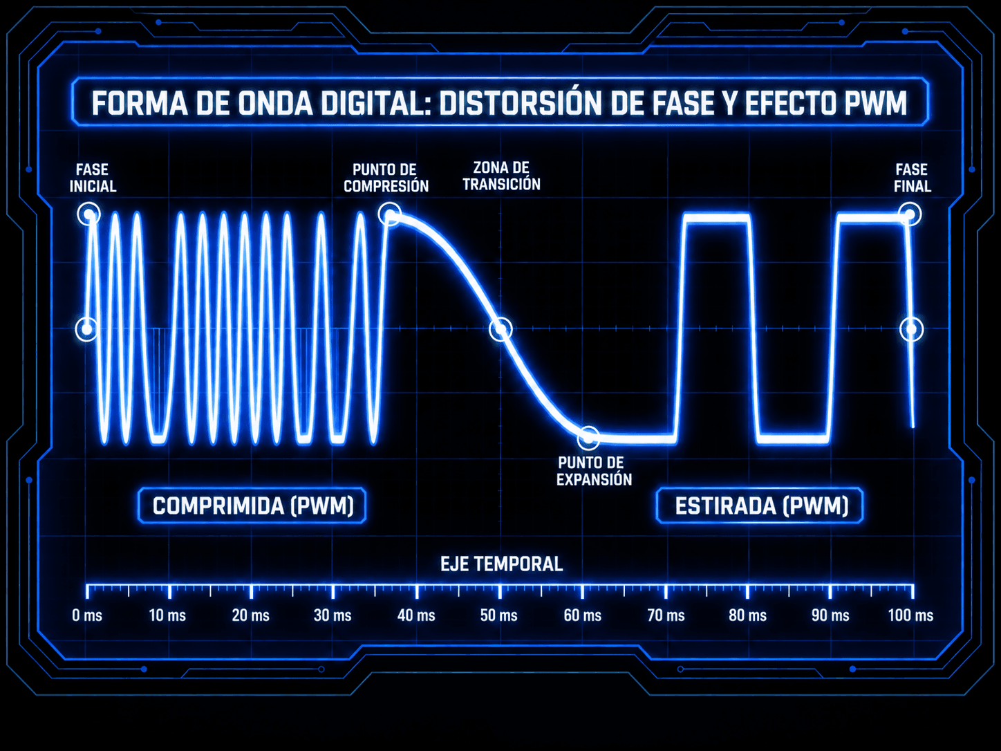 Diagrama de forma de onda digital mostrando regiones de fase comprimidas y estiradas usadas para crear un efecto de modulación de ancho de pulso.