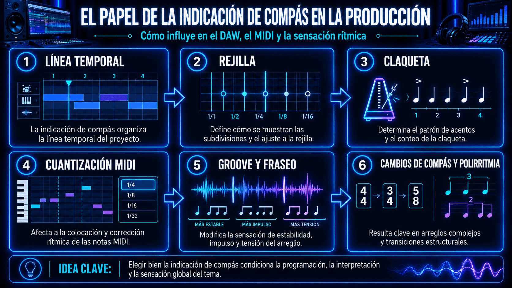 Infografía sobre el papel de la indicación de compás en un DAW, la cuantización MIDI, la claqueta y el groove