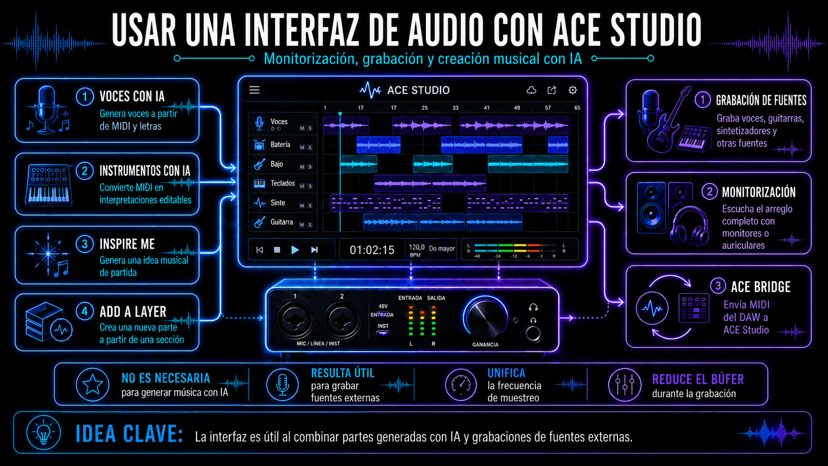 Flujo de trabajo de ACE Studio mostrando voces de IA, AI Instruments, Inspire Me, Add a Layer, grabación en vivo, monitoreo e integración ACE Bridge.