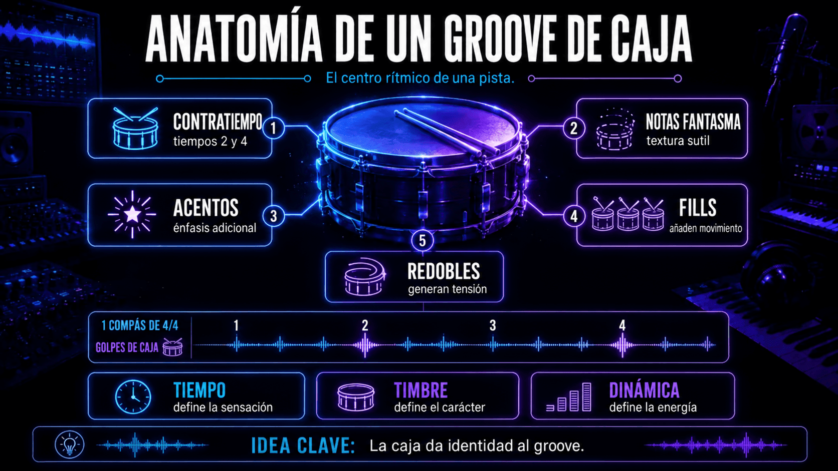 Infografía mostrando contratiempos, notas fantasma, acentos, fills, redobles, tiempo, tono y dinámicas dentro de un groove de caja.