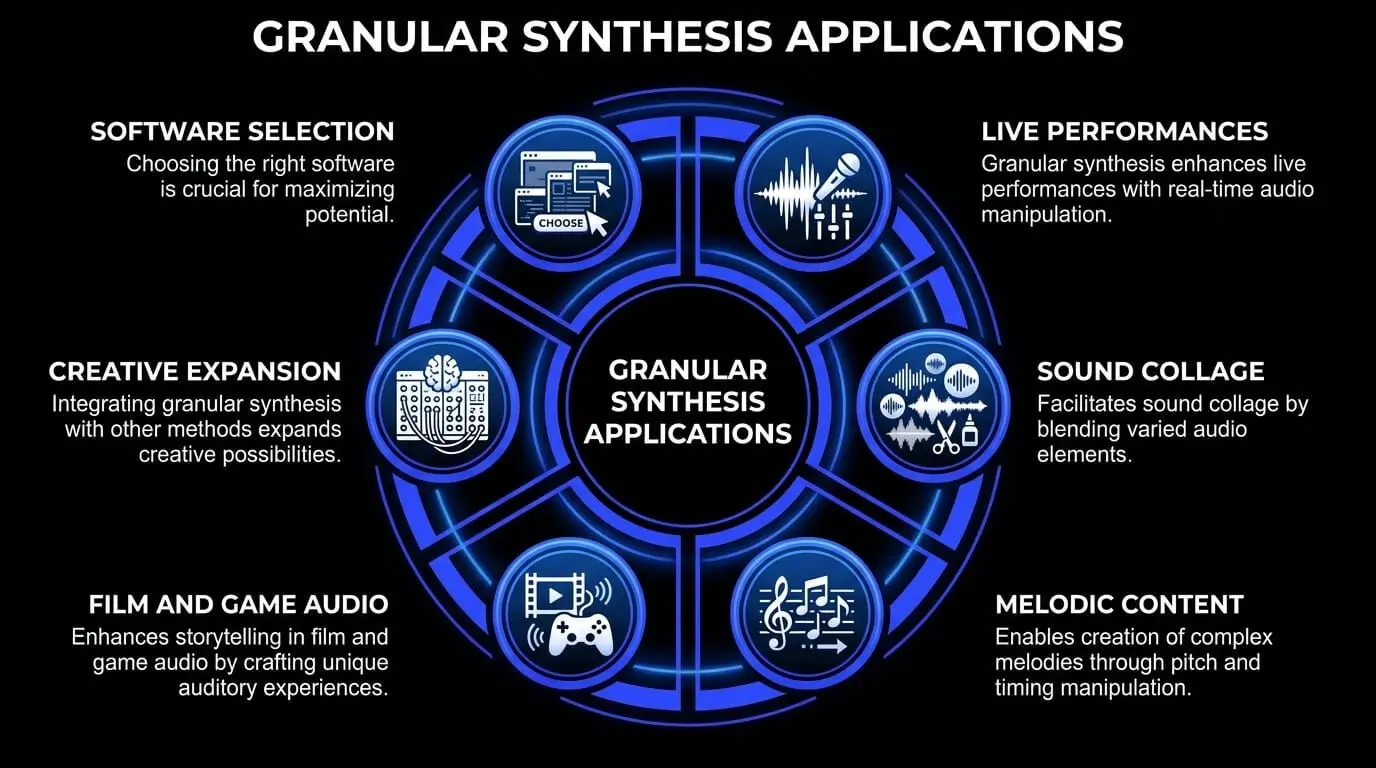 Infographic showing granular synthesis applications in live performance, sound collage, melodic content, film and game audio, software, and creative workflows.