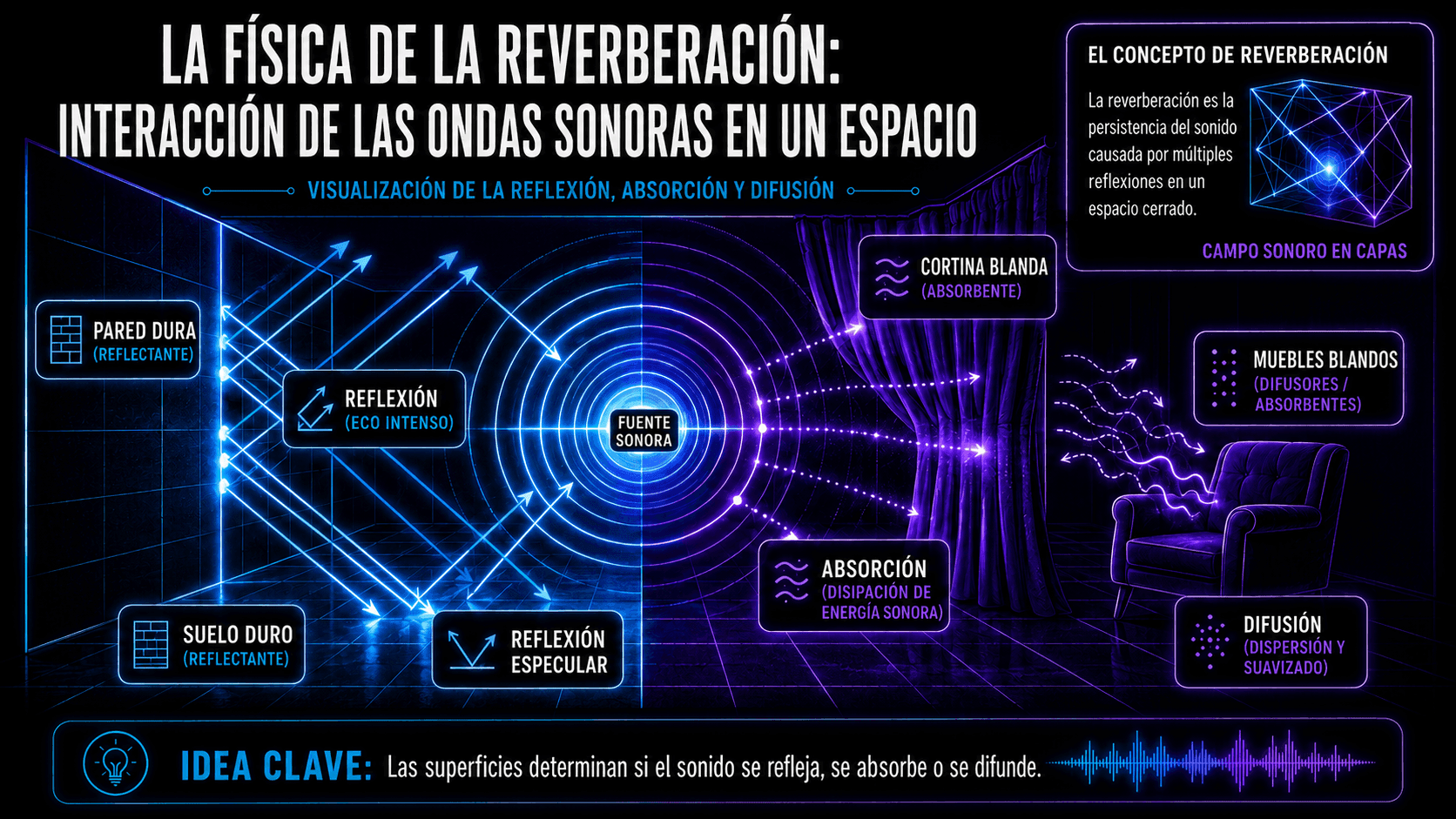 Infografía explicando la física de la reverberación, mostrando reflexiones de ondas sonoras, absorción, difusión, superficies duras, cortinas y muebles en una habitación.