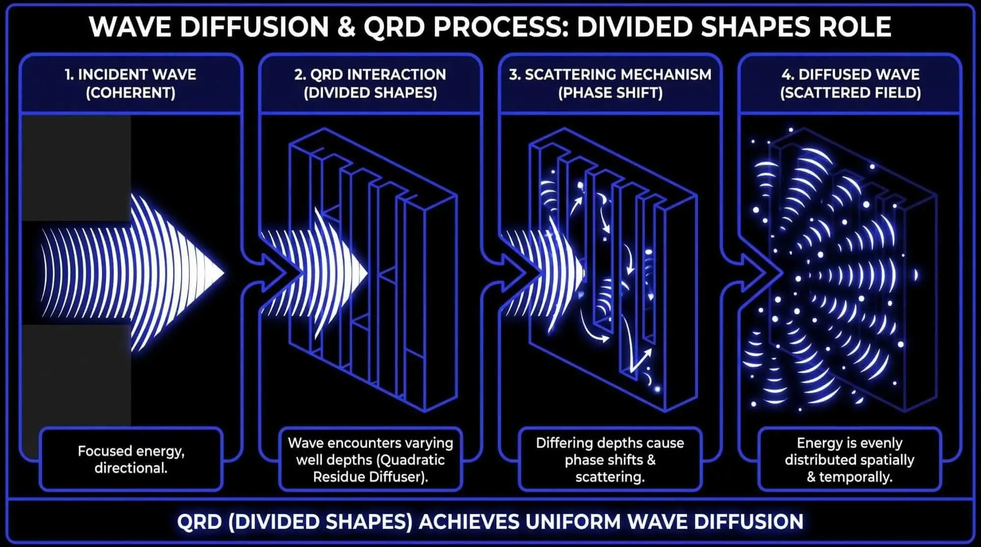 Infographic showing how a quadratic residue diffuser uses varying well depths to scatter sound waves through phase shifts and diffusion.