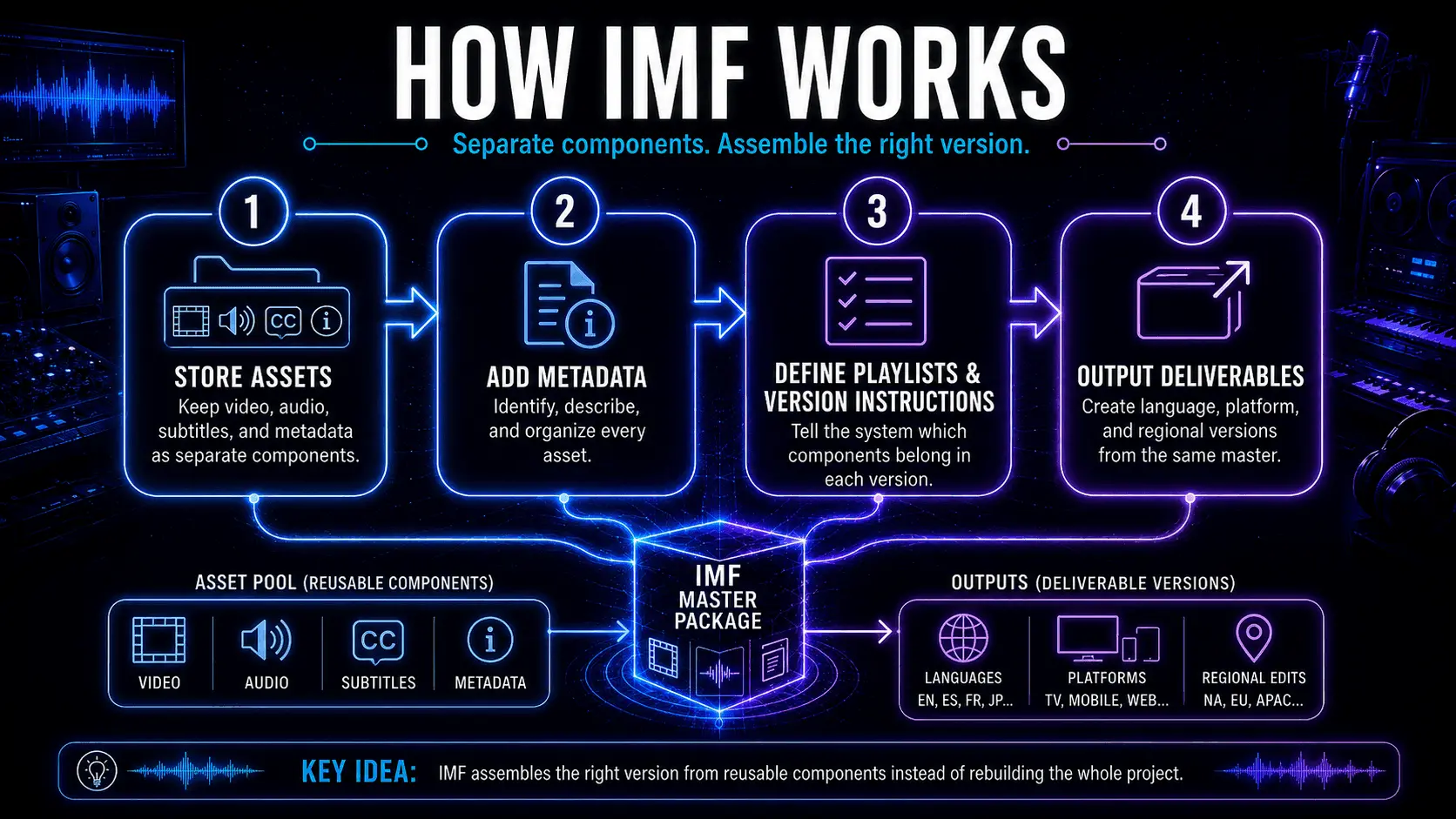 Four-step IMF workflow covering asset storage, metadata, playlists, version instructions, and deliverable output
