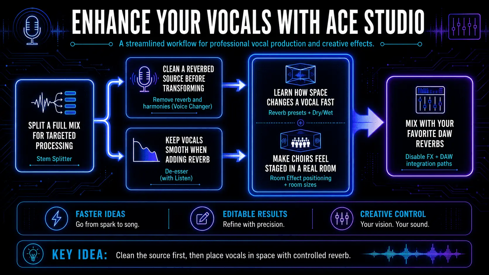 Infographic showing ACE Studio vocal workflow with stem splitting, reverb removal, de-essing, reverb presets, choir room effects, and DAW integration.