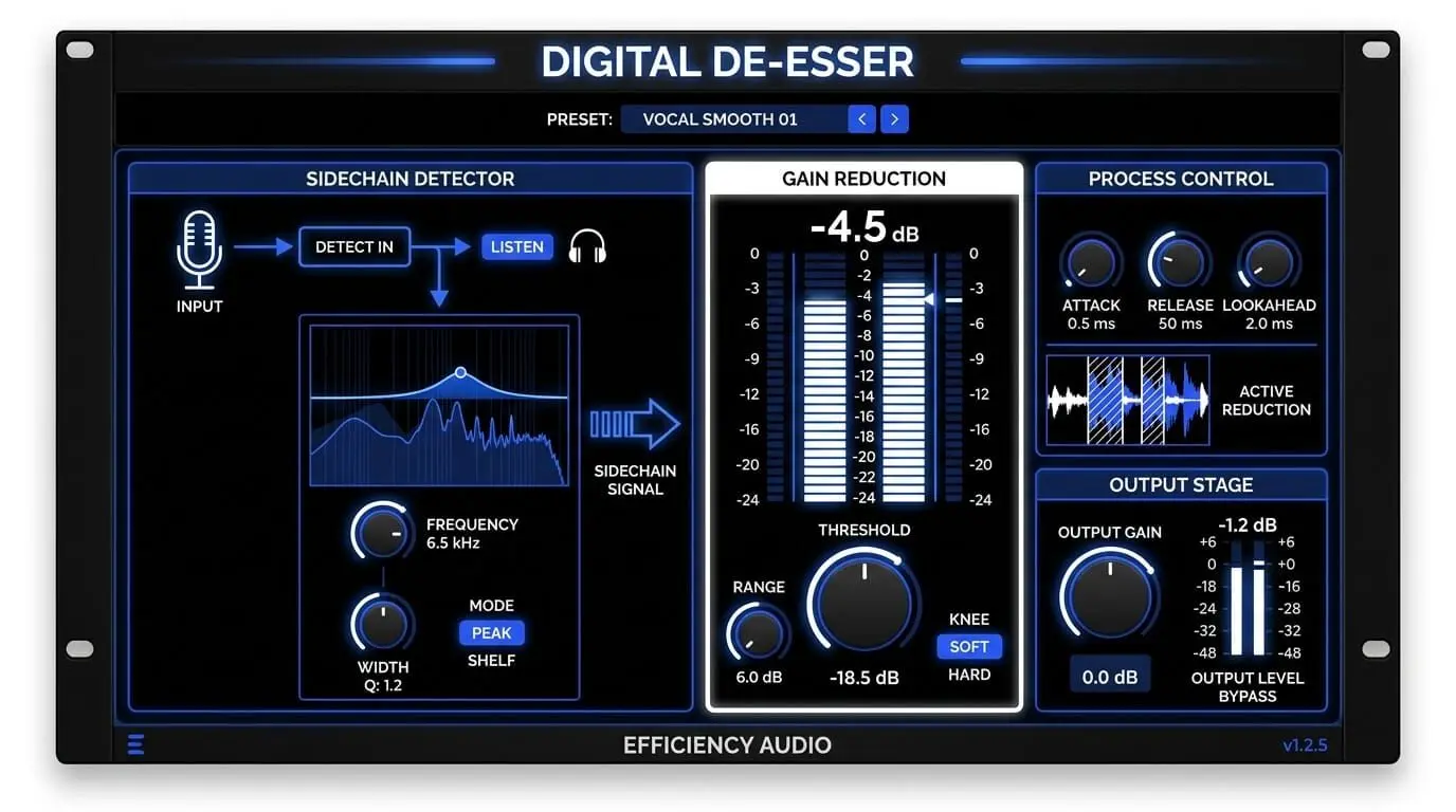 Digital de-esser interface showing sidechain detection, frequency targeting, threshold, gain reduction, attack, release, lookahead, and output controls for vocal sibilance reduction