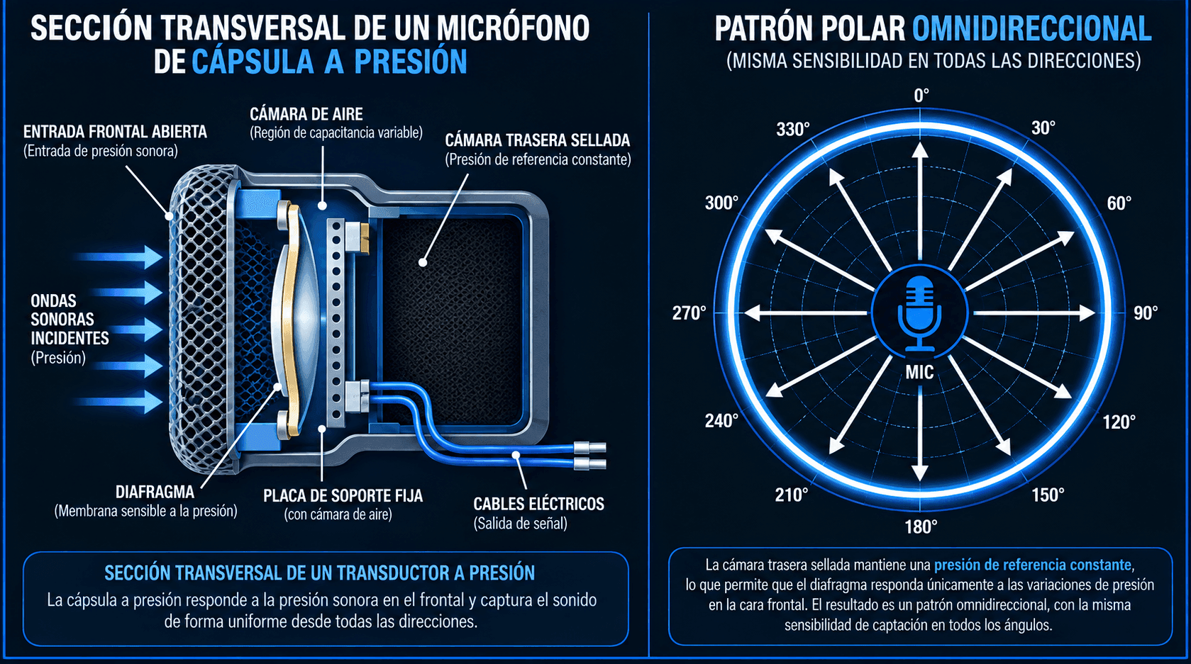 Diagrama de un transductor de micrófono operado por presión con cámara posterior sellada y patrón polar omnidireccional mostrando sensibilidad igual en cada ángulo.