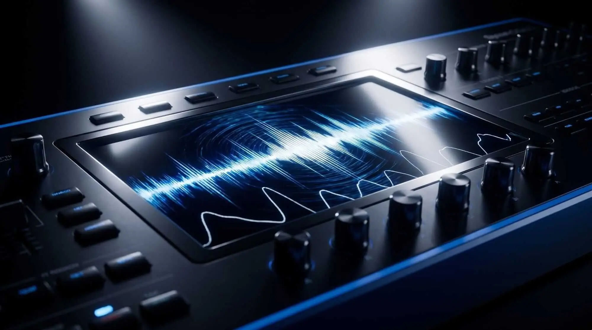 Close-up of a modern hardware FM synthesizer with knobs and a touchscreen displaying layered waveforms.