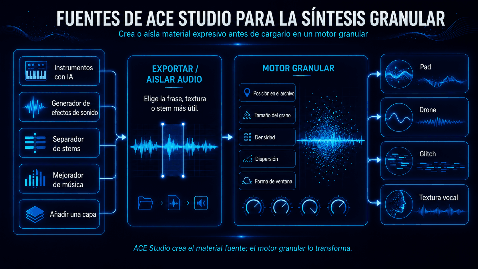 Flujo de trabajo mostrando herramientas de ACE Studio creando material fuente para exportar a un motor granular y transformación en pads, drones, glitches y texturas vocales.