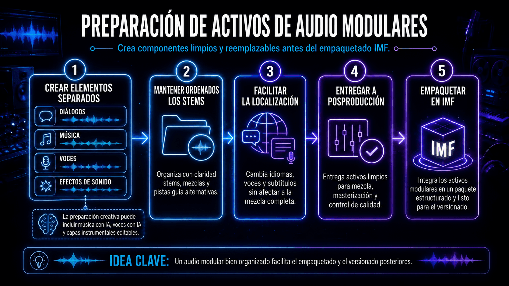 Flujo de trabajo para preparar activos separados de diálogo, música, vocales y efectos de sonido antes del empaquetado IMF