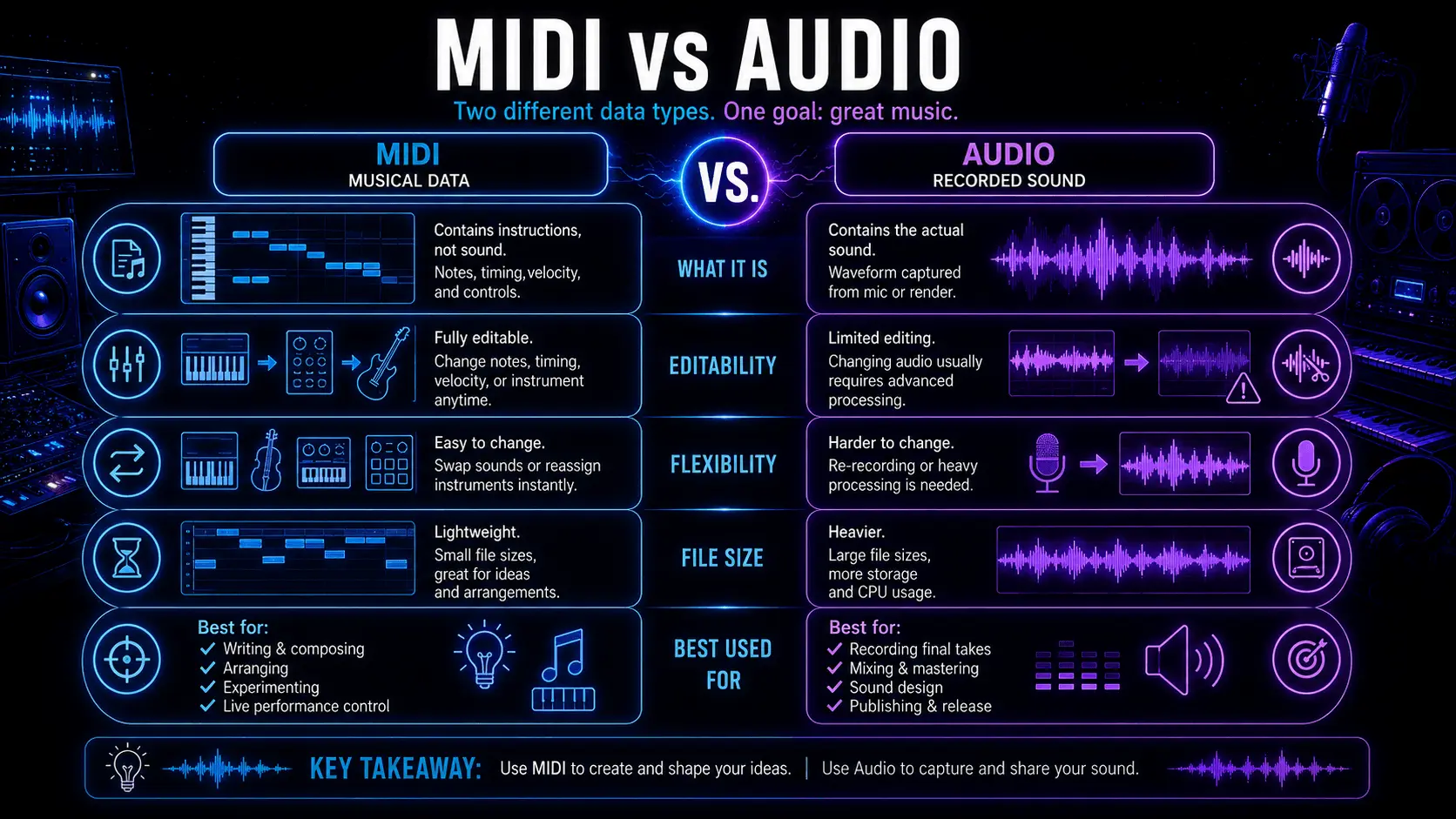 MIDI vs audio comparison chart showing differences in sound, editing, nuance, instrument swapping, and production use.