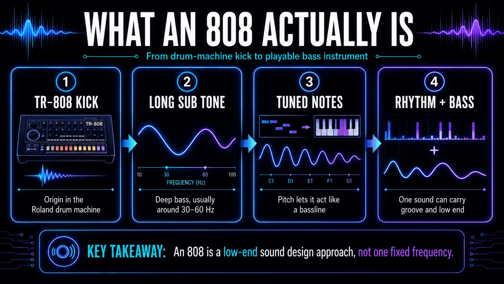Infographic showing the 808 as a TR-808 kick, sustained sub tone, tuned bassline, and rhythmic low-end element.