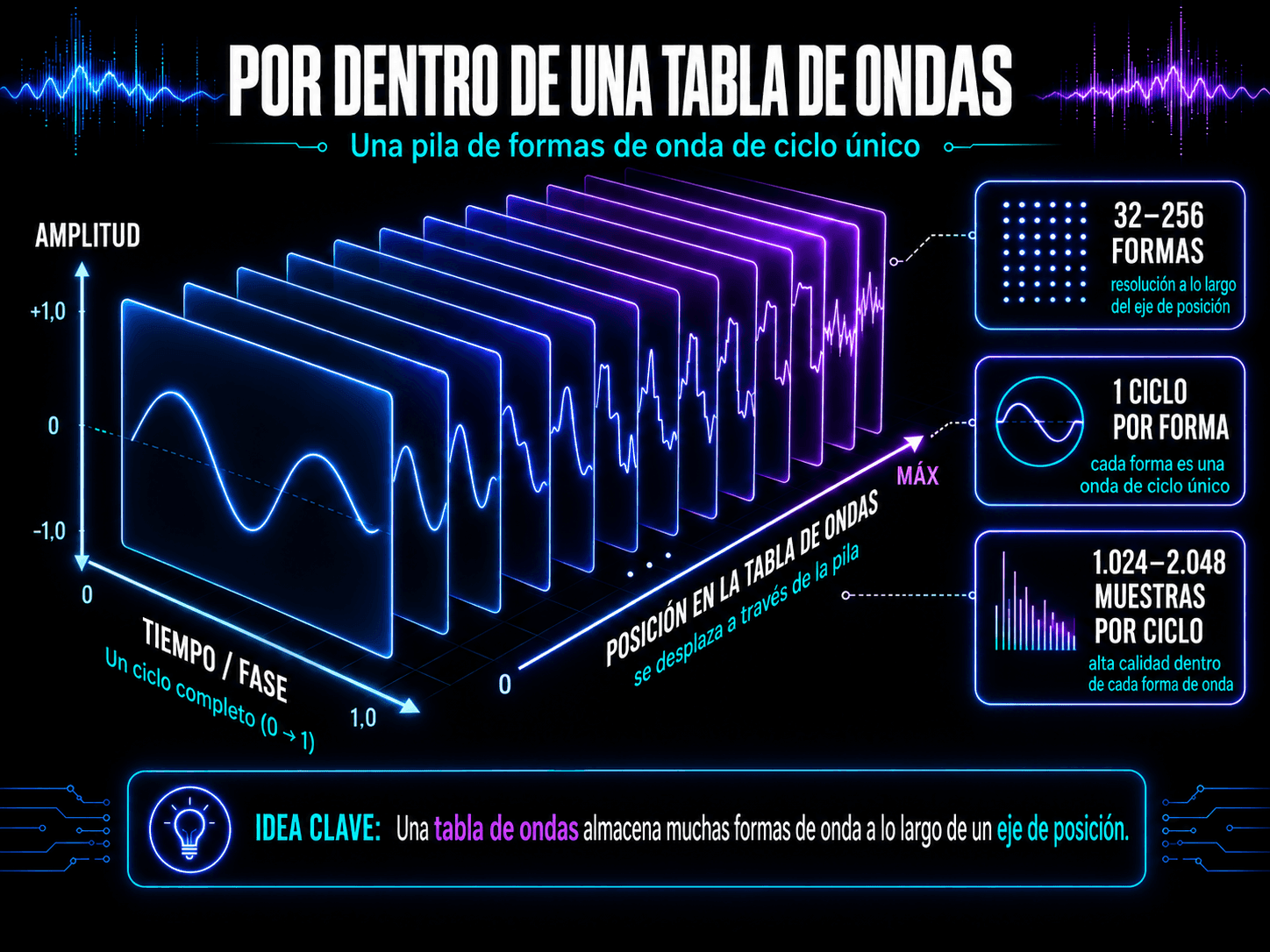 Tabla de ondas tridimensional que contiene marcos de forma de onda de ciclo único apilados organizados por posición.