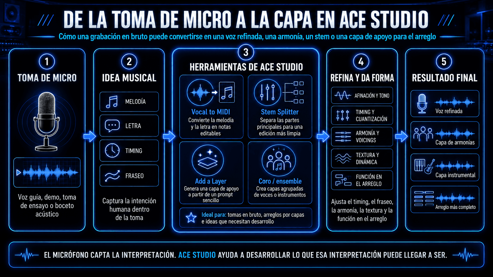 Infografía mostrando un flujo de trabajo desde grabación de micrófono hasta herramientas de ACE Studio, incluyendo Vocal to MIDI, Stem Splitter, Add a Layer, y salidas finales de vocal o arreglo.