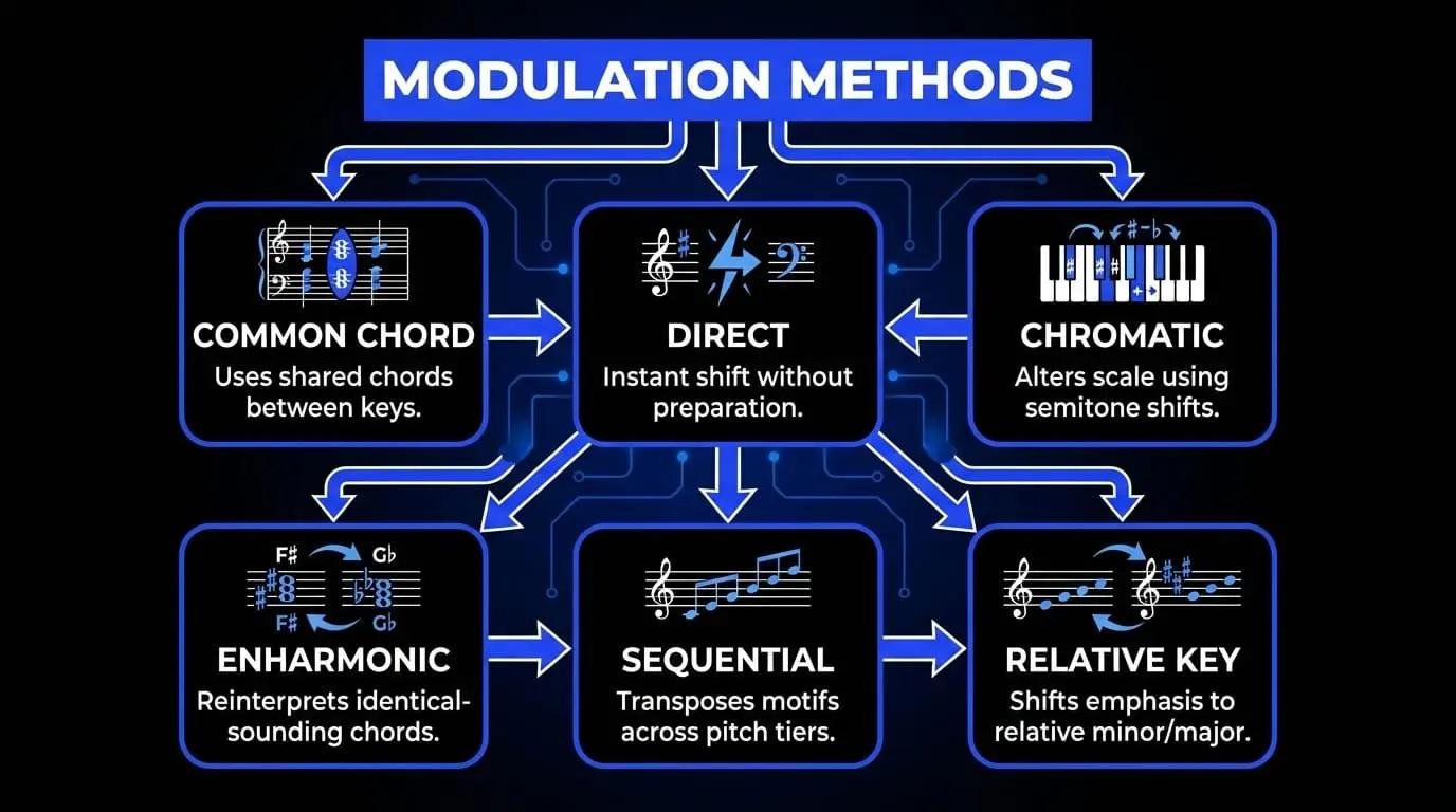Infographic outlining common music modulation methods, including common chord, direct, chromatic, enharmonic, sequential, and relative key modulation.