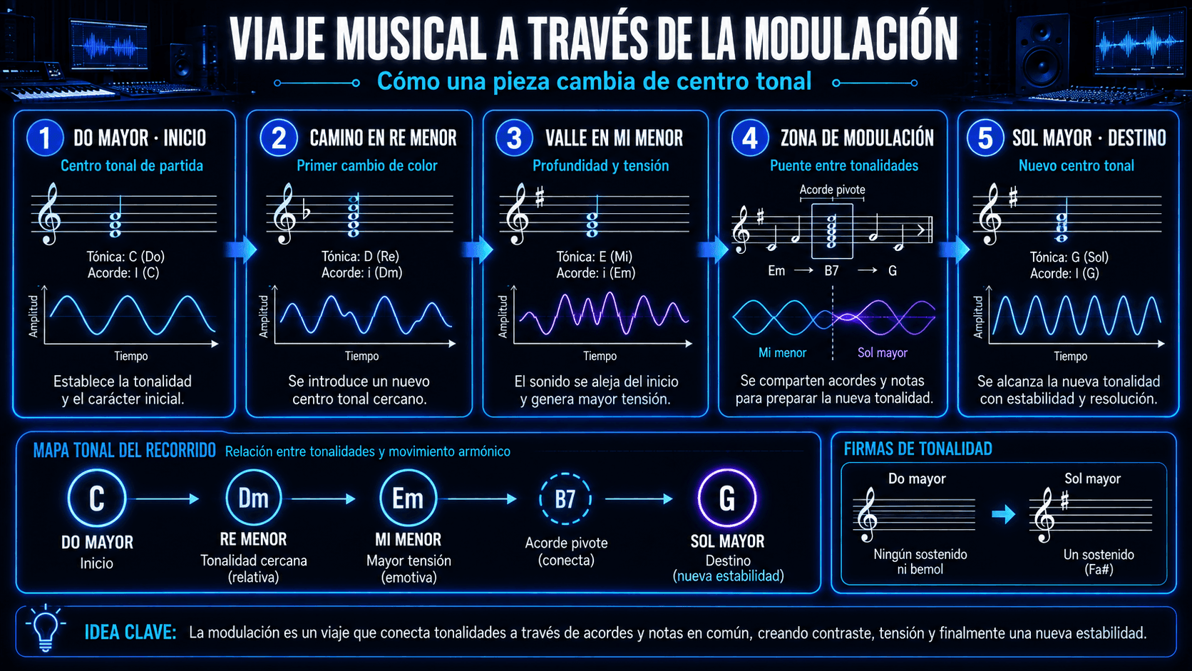 Infografía mostrando un viaje musical a través de la modulación, moviéndose desde Do mayor a través de caminos menores y una zona de modulación hacia nuevos destinos tonales.