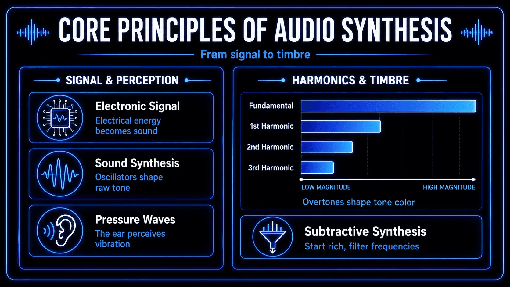 Infographic explaining audio synthesis through electronic signal processing, pressure waves, harmonics, timbre, and subtractive filtering