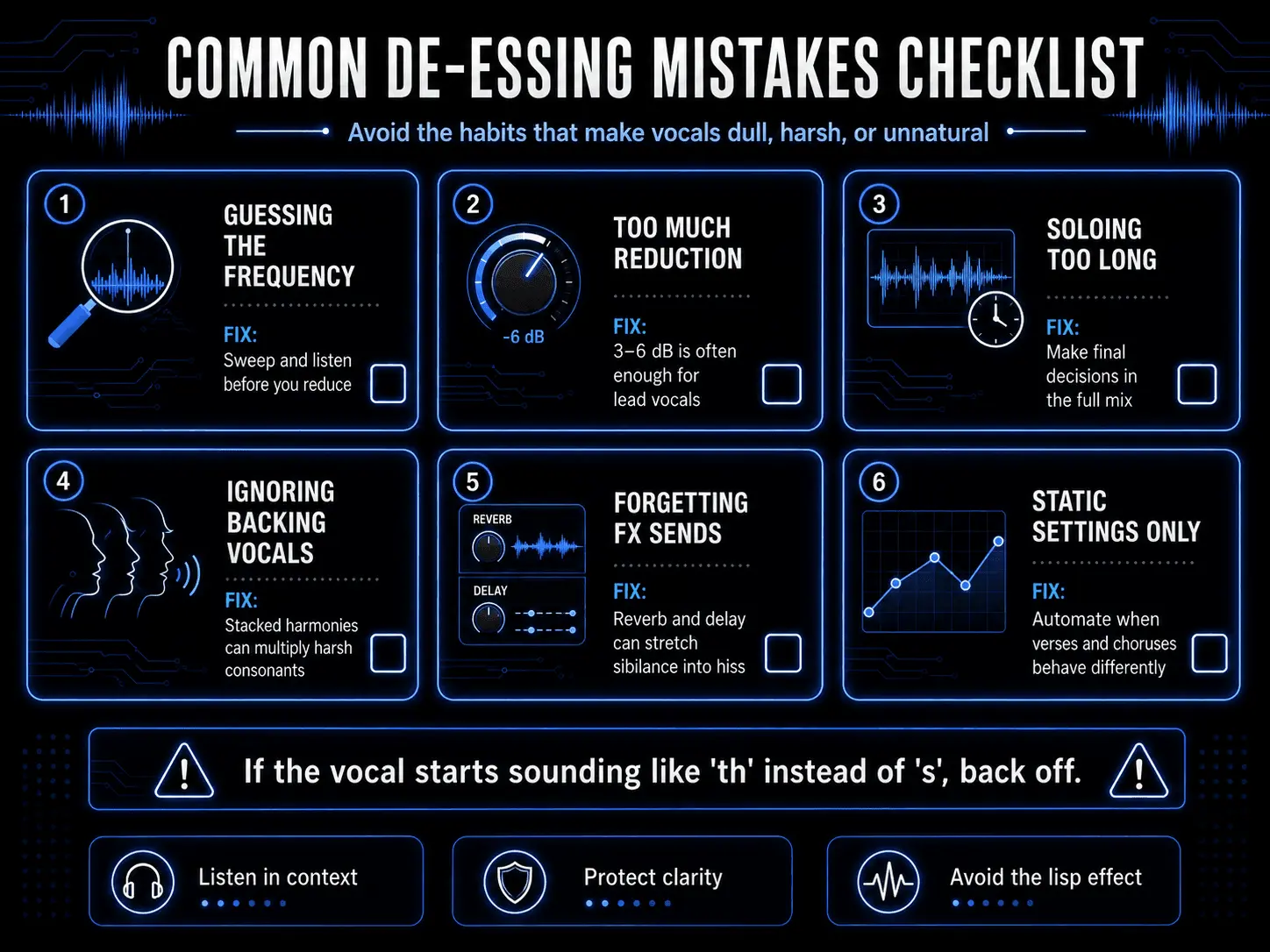 Checklist infographic showing common de-essing mistakes, including guessing frequencies, too much reduction, soloing too long, ignoring backing vocals, forgetting FX sends, and using static settings.