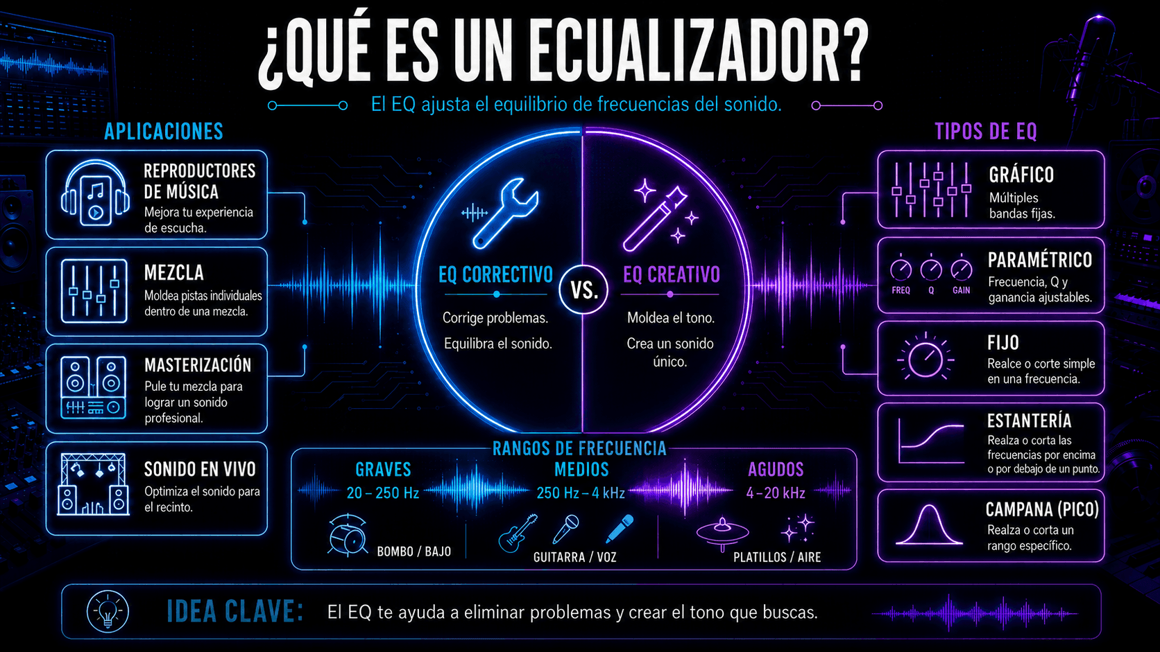 Infografía que explica los ecualizadores, incluyendo EQ correctivo y creativo, rangos de frecuencia, tipos de EQ, y aplicaciones de audio.