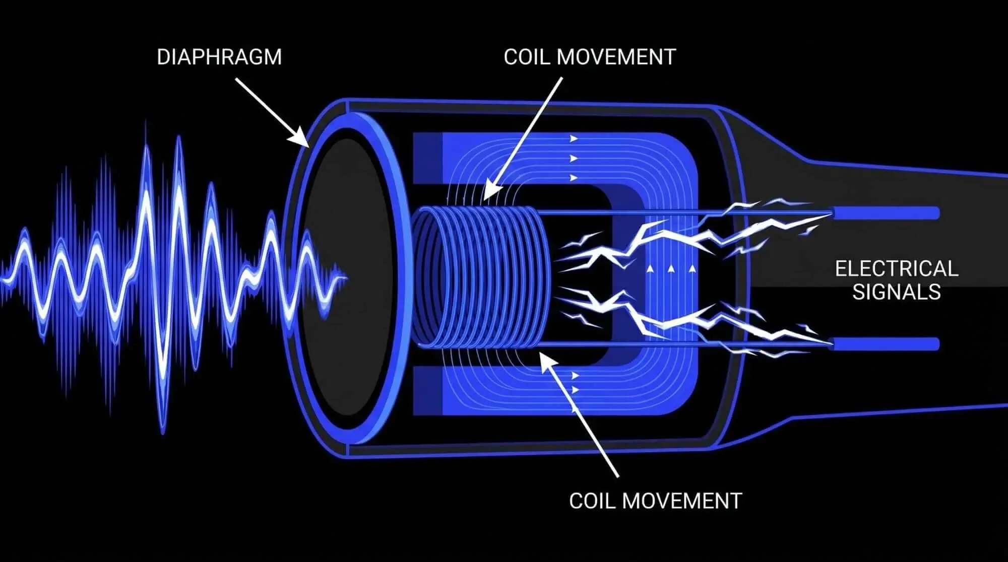 Diagram showing a dynamic microphone diaphragm and moving coil converting incoming sound waves into electrical signals through electromagnetic induction