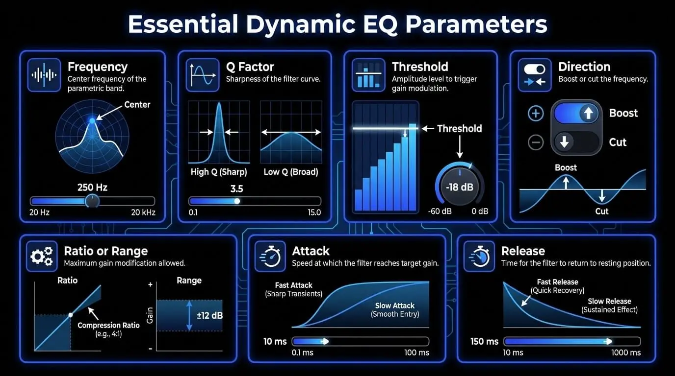 Infographic explaining essential dynamic EQ parameters, including frequency, Q factor, threshold, direction, ratio, range, attack, and release controls for audio mixing.