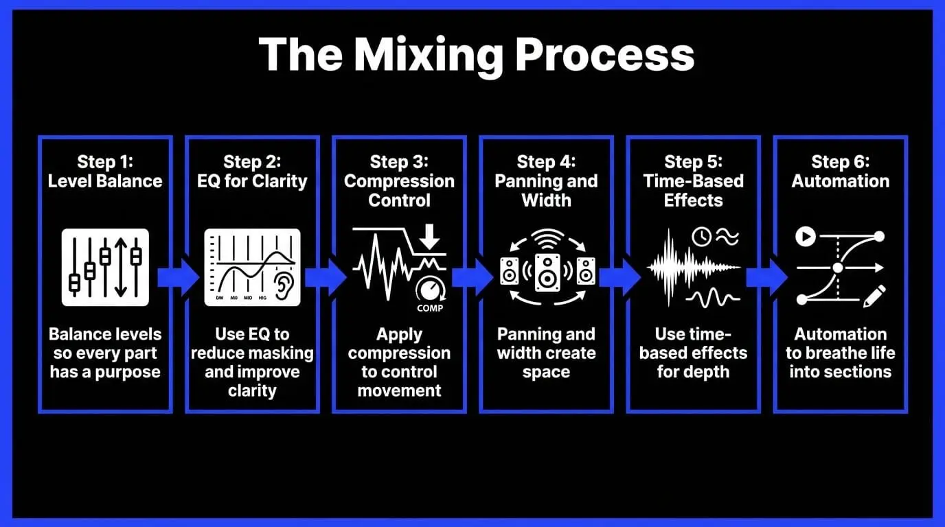 Infographic showing six music mixing steps: level balance, EQ, compression, panning, time-based effects, and automation.