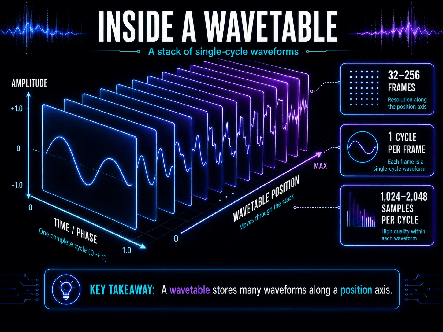 Three-dimensional wavetable containing stacked single-cycle waveform frames arranged by position.