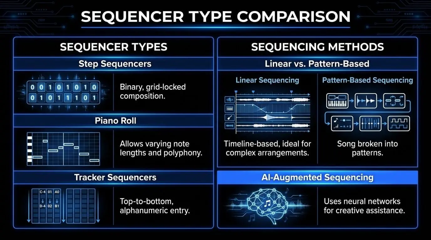 Infographic comparing sequencer types and methods, including step sequencers, piano rolls, tracker sequencers, linear sequencing, pattern-based sequencing, and AI-augmented sequencing.