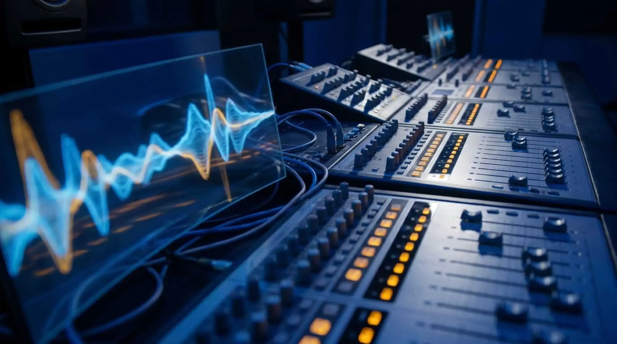 Music production studio with synthesizers, mixing controls, and illuminated waveform displays used for granular sound design.