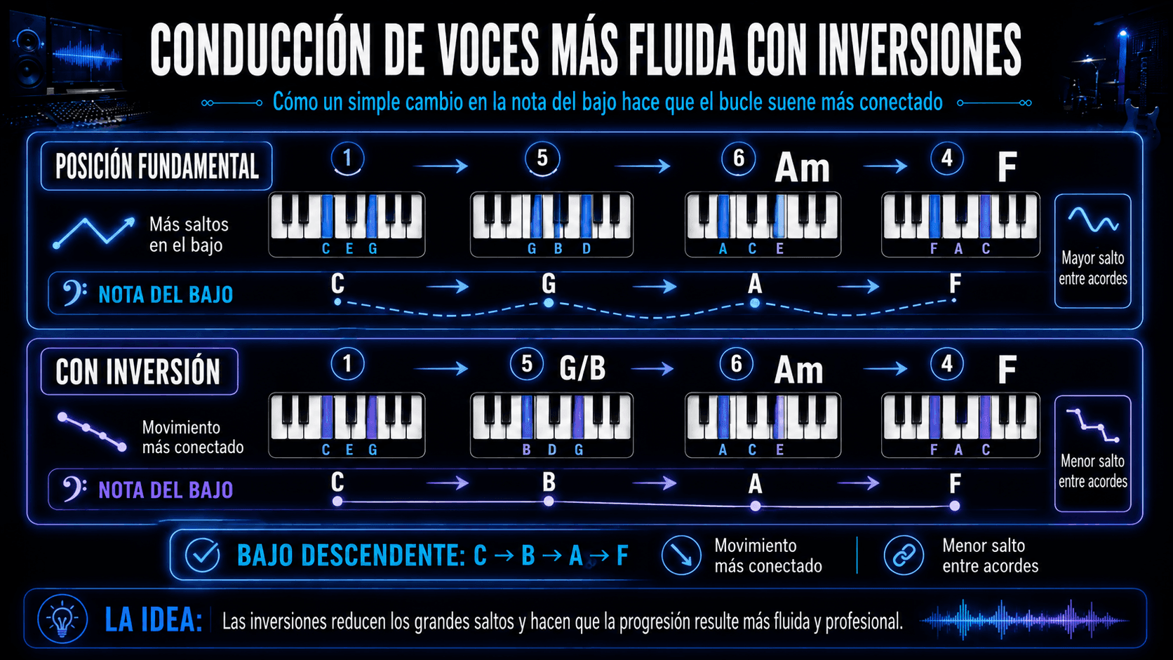 Infographic comparing root-position C–G–Am–F with C–G/B–Am–F to demonstrate smoother voice leading and descending bass notes.
