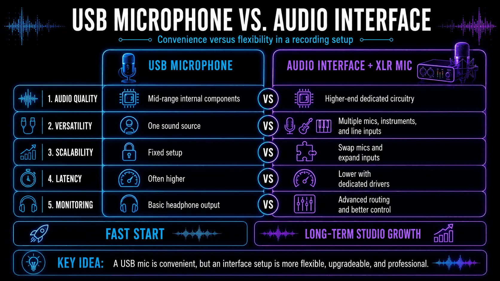 Comparison of a USB microphone and an audio interface with XLR microphone across sound quality, versatility, scalability, latency, and monitoring.
