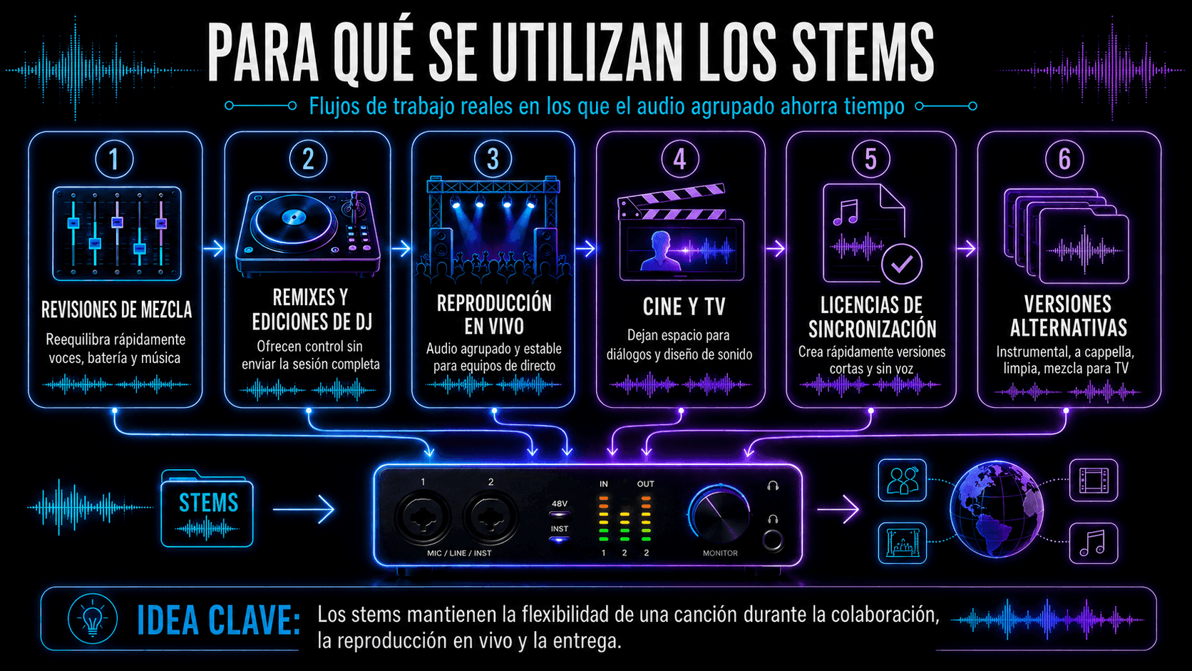 Infografía mostrando los beneficios de los stems de audio en la producción moderna, incluyendo colaboración, organización de proyectos, ediciones de DJ, reproducción en vivo, producción de cine y TV, y licencias de sincronización.