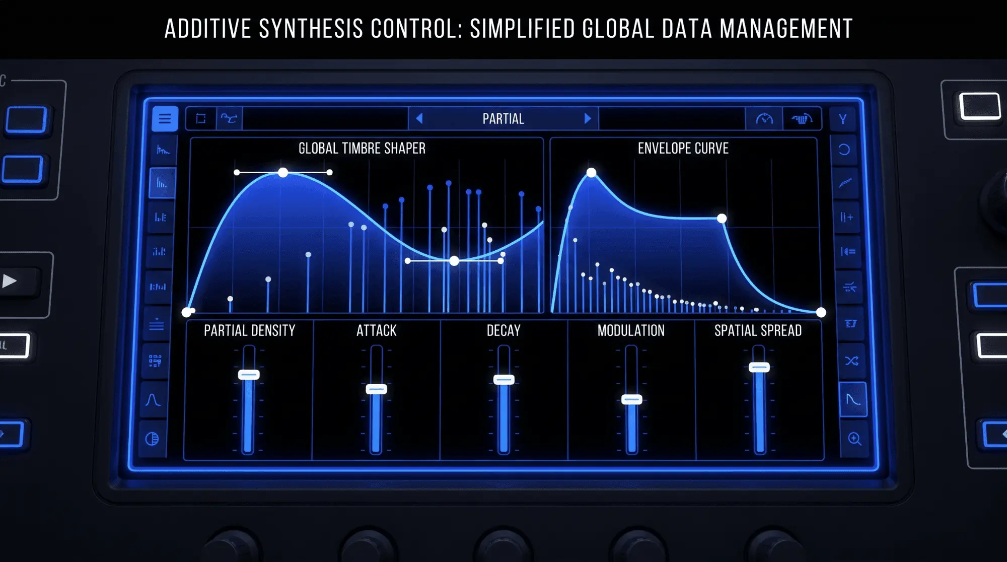 Additive synthesizer interface with global timbre shaping, envelope curves, partial density, attack, decay, modulation, and spatial spread controls.