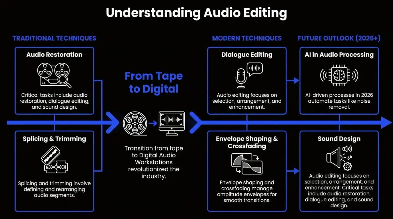 Infographic explaining the evolution of audio editing, from traditional audio restoration, splicing, and trimming to modern dialogue editing, crossfading, AI audio processing, and sound design.