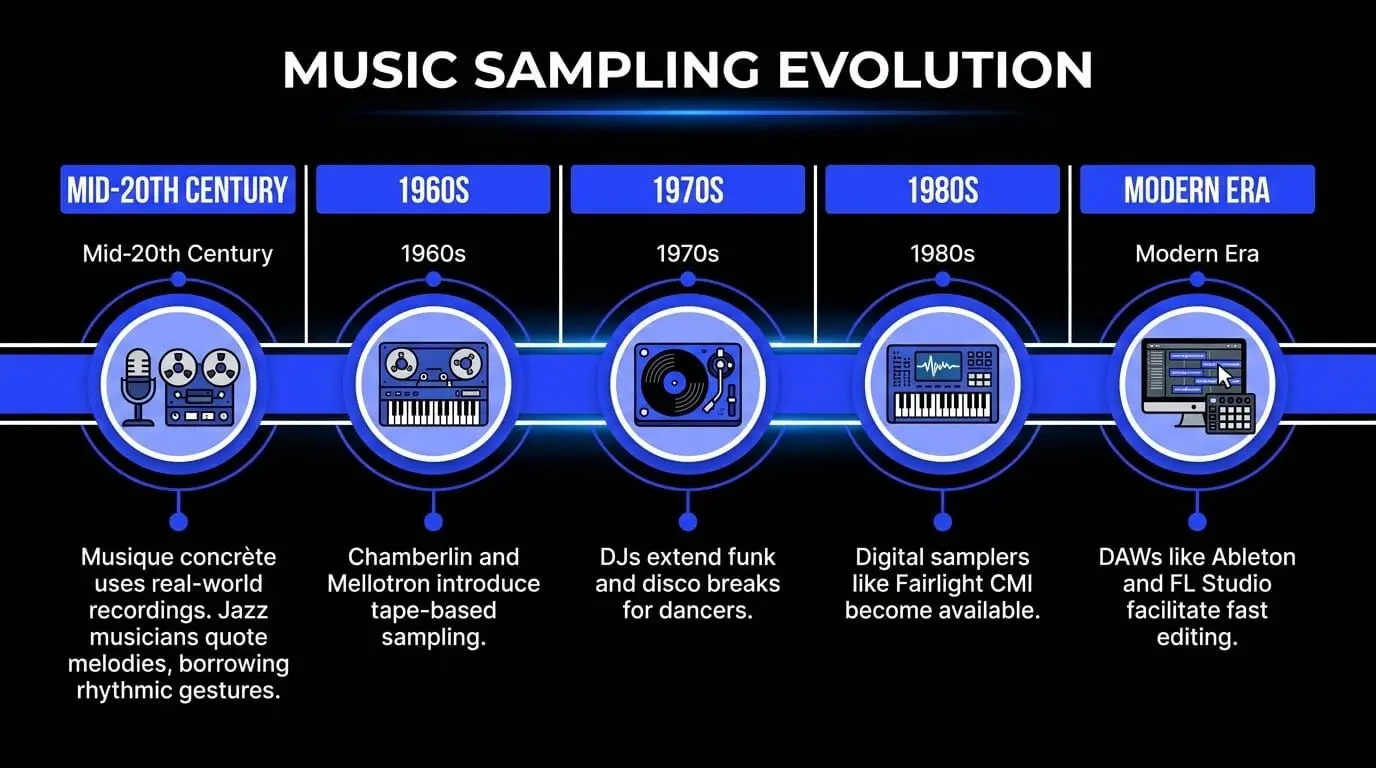 Timeline infographic showing the evolution of music sampling from musique concrète and tape-based instruments to digital samplers and DAWs.