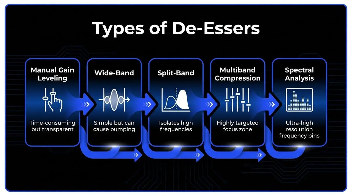 Infographic comparing types of de-essers, including manual gain leveling, wide-band, split-band, multiband compression, and spectral analysis for vocal sibilance control