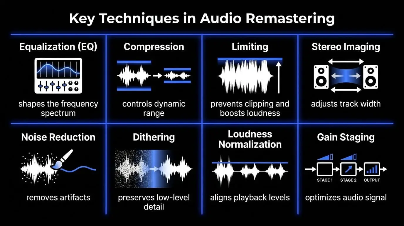 Infographic showing audio remastering techniques including EQ, compression, limiting, stereo imaging, noise reduction, dithering, loudness normalization, and gain staging.