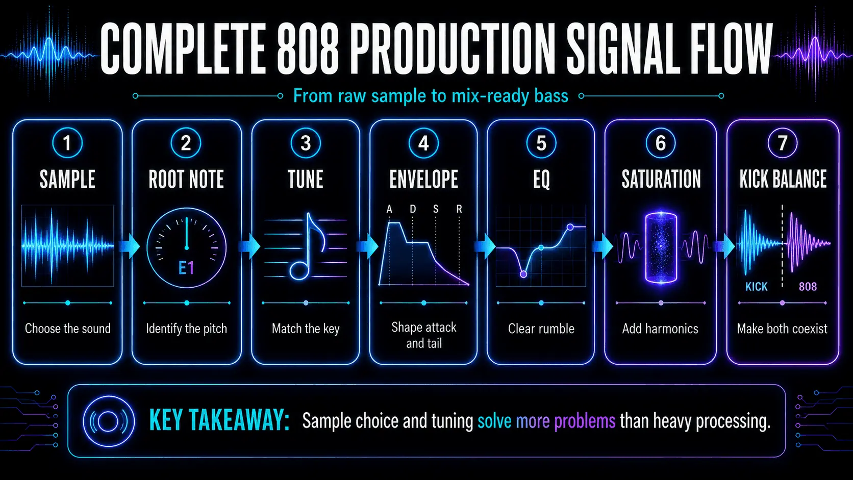 Seven-step 808 production workflow covering sample choice, root note, tuning, envelope, EQ, saturation, and kick balance.