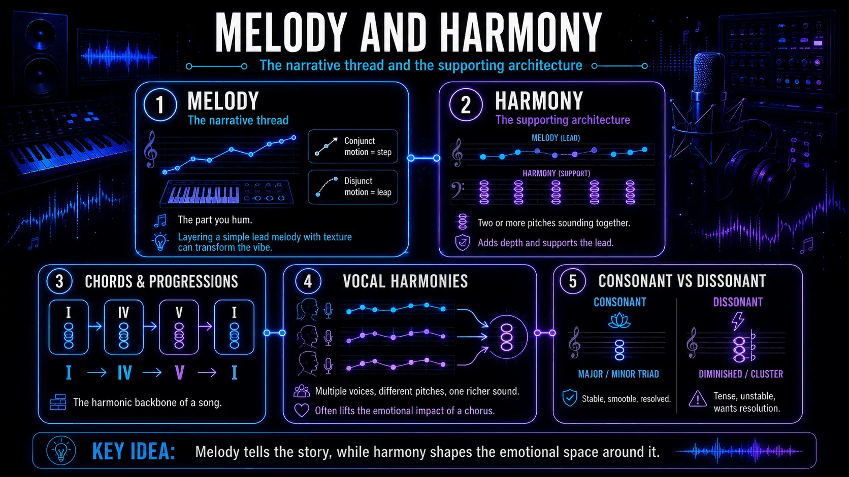 Infographic comparing melody and harmony with melodic motion, chord progressions, vocal harmonies, and consonant versus dissonant sounds.